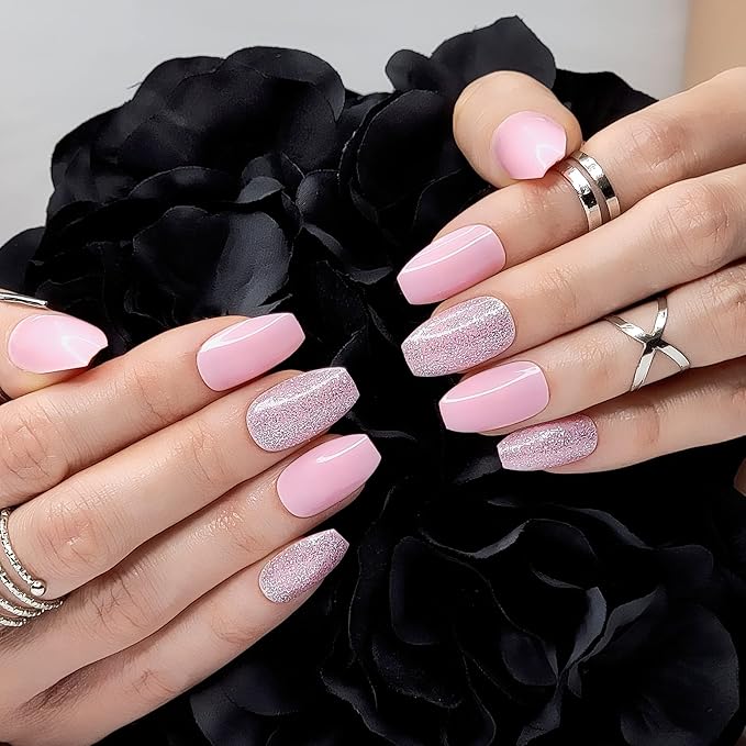 Hypnaughty 24 Pcs Pink Ballerina Press On Nails with Glue Medium Short Length Fake Nails with Glitter Design Glossy Acrylic Press On Nails Full Cover (Pink)