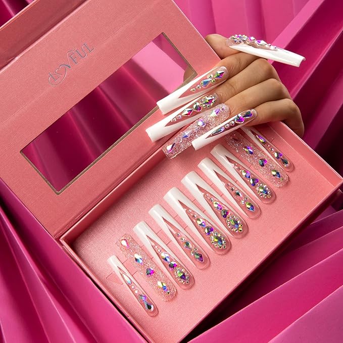 LOVFUL Press on Nails Candy Diamonds & White French Tip | Luxury Spring French Tip Glossy Press On Nails with Bling | Square Long 2.2 in | H36 (L)