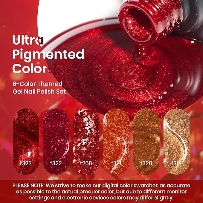 beetles Glitter Red Gel Polish - Passion Rush Collection Glitter Nails, Red Orange Gold Gel Polish Shimmer Nails Art Soak off Uv LED Manicure Gift Set Nail Trend Gift for Women