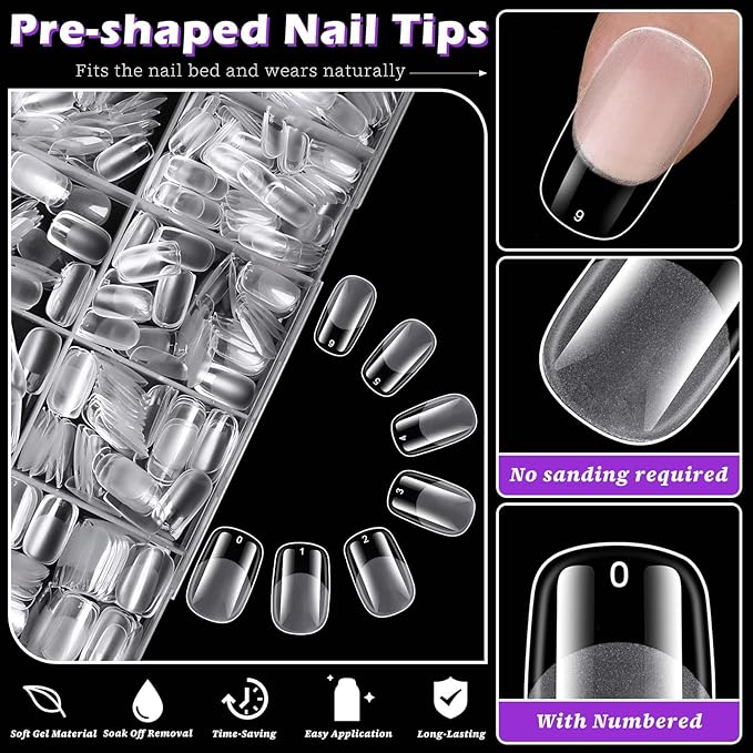 LoveOurHome 600pc Medium Squoval Nail Tips Clear Fake Nails Medium Gel Nail Tips Full Cover Round Square Acrylic Nails Clear Press on Nails 15 Sizes False Fingernail for Gel Nail Tip Extension