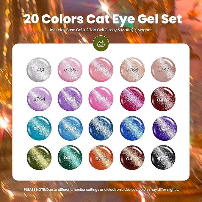 Beetles Cat Eye Gel Nail Polish Set - 20 Colors Glitter Red Green Blue Brown Black Cat Eye Magnetic Base Matte Glossy Top Coat Galaxy Gemlight Soak Off UV Manicure Salon Gift for Women