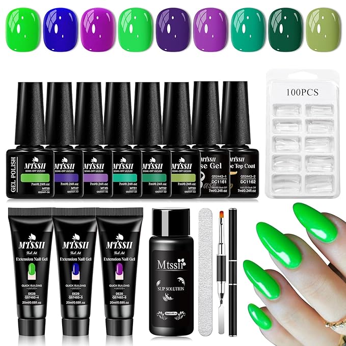 MTSSII 15Pcs Gel Nail Polish Set 6 Colors Gel Polish + 3Pcs Poly Gel Set Blue Purple Green Poly Nail Gel Set with Base Top Coat, Dual-Ended Brush Nail Art Salon DIY at Home