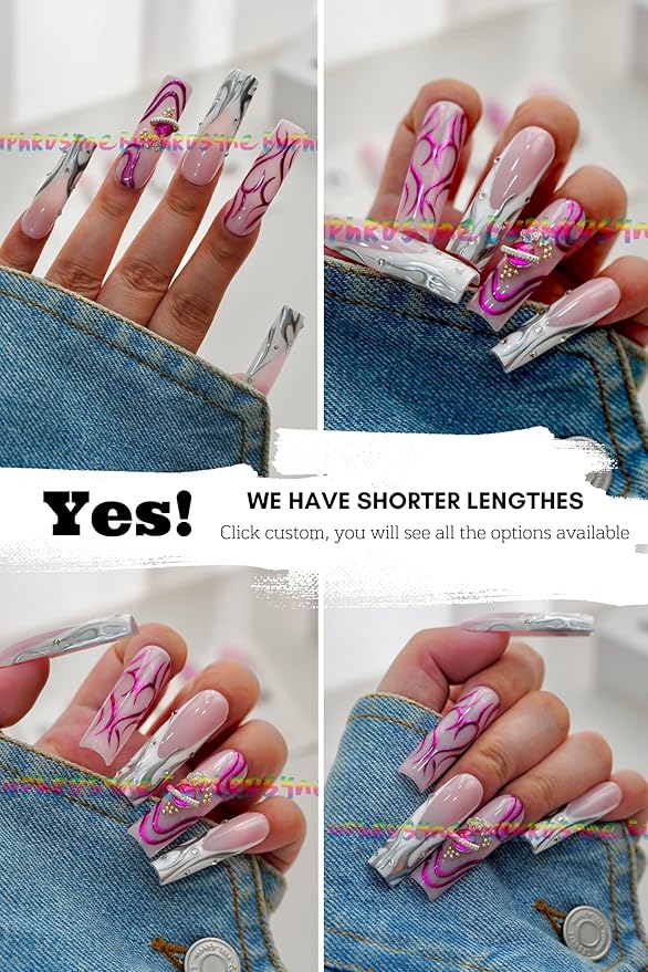 10PCS Pink Marble Press On Nails – Long Coffin Fake Nails with Abstract Swirl Design and Rhinestones, Glossy Reusable Y2K Nails for Women and Girls – Euphrosyne