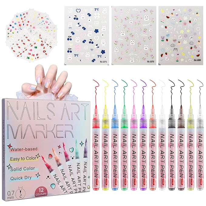 Pintada 12-Color 0.7mm Fine Tip Nail Art Pen Set with 13 Sheets Nail Stickers - Waterproof Quick-Drying Nail Art Markers for DIY Nail Design, Greeting Cards, Object Painting, Holiday Doodling