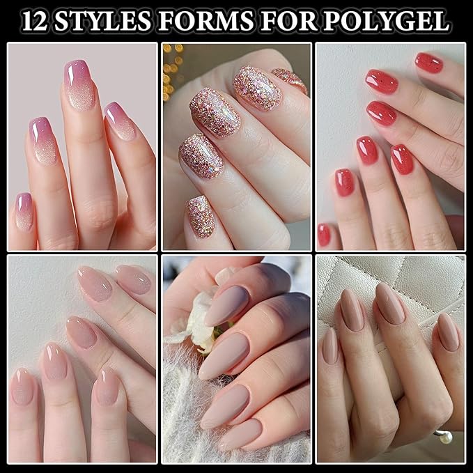 120Pcs 2-in-1 Polygel Nail Forms Kit 12 Sizes Poly Gel Extension Nail Molds Reusable Builder Gel Dual Forms with Manicure Tools for DIY Home Salon