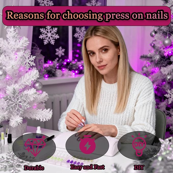 30pcs Shining Purple Short Almond Press On Nails with Candy, Bows, and Hats for Themed Costumes, Reusable Nail Kit with Nail Adhesive Tabs Mini Nail File, 15 Sizes (Purple)