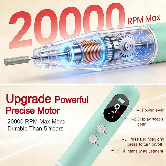 Salon-Grade Electric Nail Drill – Professional Cordless Nail File with LED Display, 6 Specialized Bits & 26 Accessories for Gel/Acrylic Nails & Thick Toenails (Cyan)
