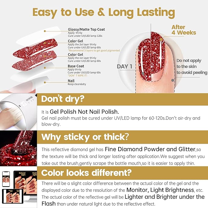 YTD Likomey Reflective Glitter Gel Nail Polish,15ml Red Flash Diamond Shimmer Nails Gel,Sparkly Shiny Salon Home Fall Winter Manicure UV Color Varnish,SZ001