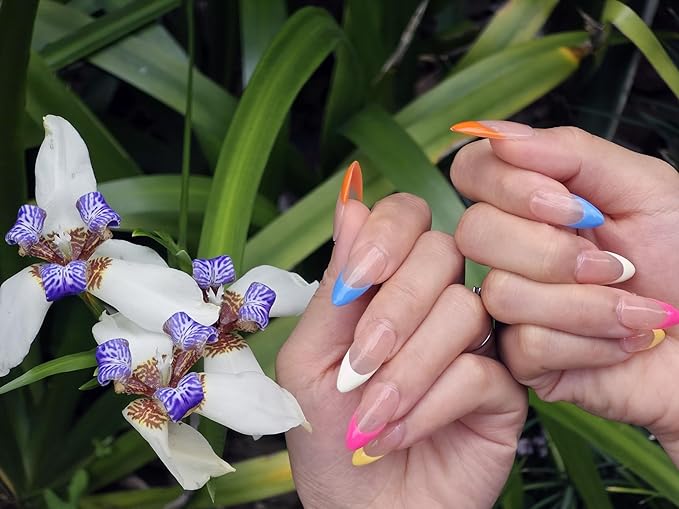 Colorful French Tip Press on Nails Medium Almond - Rainbow Edge Fake Nails Nude Sheer False Nails with Glossy Acrylic Stick on Nails for Women Girls (Colorful Nude French,S)