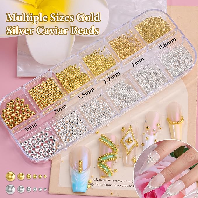 5 Boxes Gold and Silver Nail Charms, 3D Star Cross Nail Charms, Gold Silver Metal Nail Art Decoration, Bow Heart Butterfly Crown Caviar Beads Nails Studs with Pickup Tools for Nails Design DIY Craft