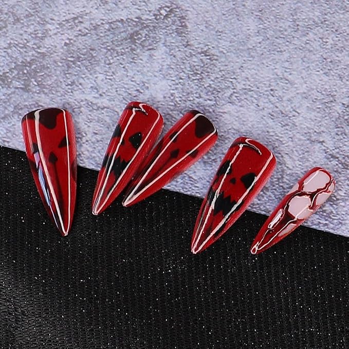 Blood Press on Nails - Halloween Fake Nails | Long Stiletto Acrylic Nail with Horror Ghost Designs,Reusable Stick on Nail for Women Girls | 12Size - 24Pcs with Jelly Glue
