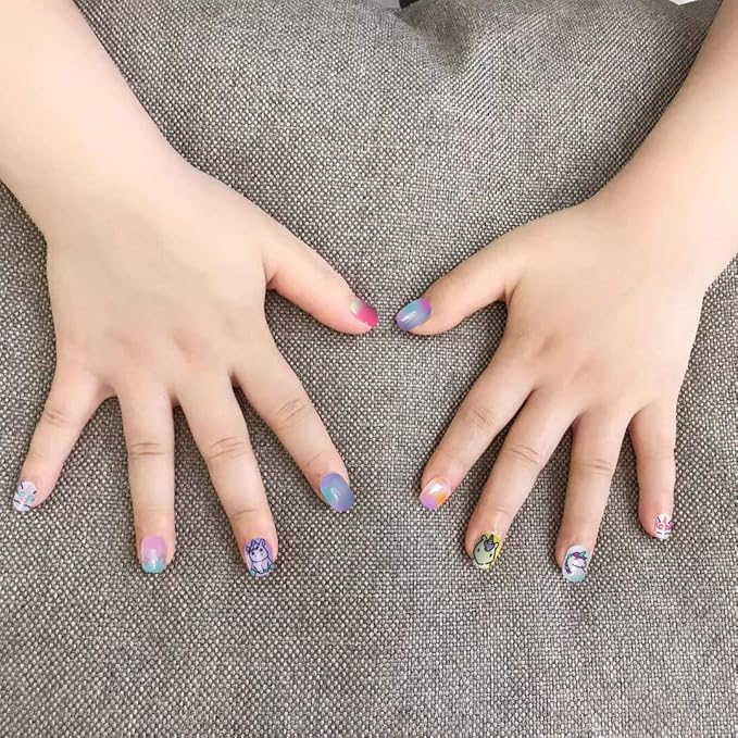 SIUSIO 120 Pcs 5 Pack Children Acrylic Fake Nails Press on Pre-glue Full Cover Glitter Gradient Color Rainbow Short False Nail Art Kits Set for Kids Little Girls - Unicorn Series