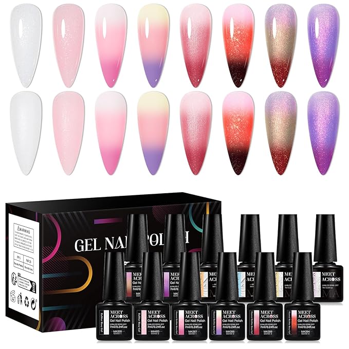 MEET ACROSS Color Changing Rubber Base Gel Nail Polish Set Pink Purple Red Builder Base Gel in a Bottle Hard Extension Gel Shimmer White Pink Cured for Nails at Home Salon DIY Beginner 12PCS