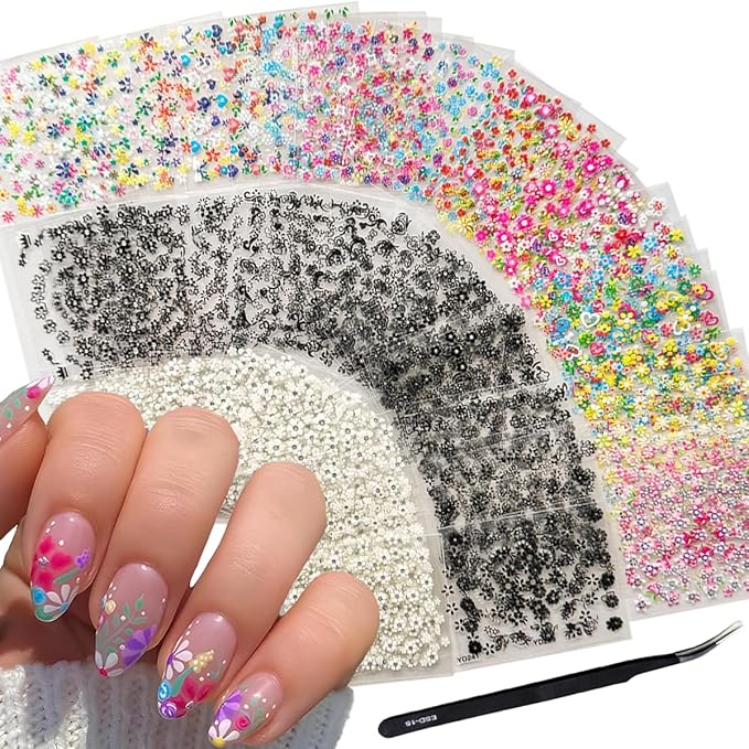90 Sheets Flower Nail Art Stickers Decals 3D Self-Adhesive Daisy Cherry Blossoms Flower Nail Sticker Black White Colorful Floral Nails Supplies for Women Girls Manicure Decoration with Nail Tweezer