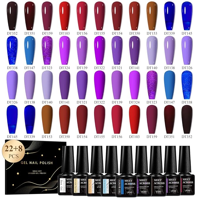MEET ACROSS 30Pcs Gel Nail Polish Set 22 Colors Gel Polish Kit Nude Burgundy Red Blue Purple Gel Polish for All Seasons Soak Off UV/LED Manicure Gift for Women Girls