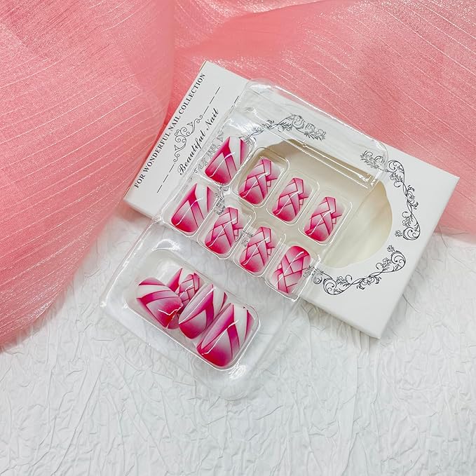 Square Press on Nails Medium Fake Nails with Designs Red Lines Stick on Nail Retro Red Gradient Acrylic False Nail Glossy Artificial Nail Full Cover Glue on Nails for Women