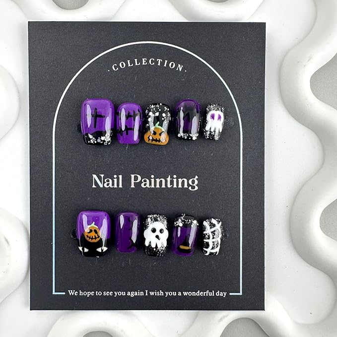 100% Handmade Press on Nails Halloween Short Square Fake Nails with Design Ghost Pumpkin Bat Glue on Nails Black Purple French tip False Nails Reusable Handmade Halloween Nails Size M