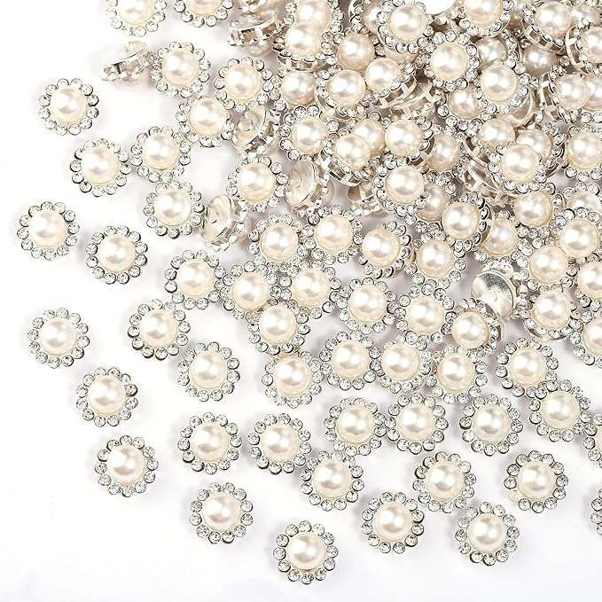 200 Pcs 12MM Sew on Rhinestones White Crystal Glass Metal Base Flower Shape，Flatback Pearls for Crafting，Sewing Accessories for Wedding Clothes and Shoes with Glue