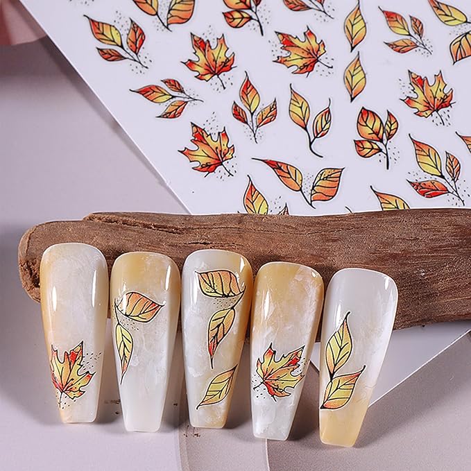 Fall Nail Stickers - Autumn Withered Maple Self-Adhesive 3D Nail Decals for Women Girls DIY Thanksgiving Day Leaves Vein Manicure (4 Sheets)