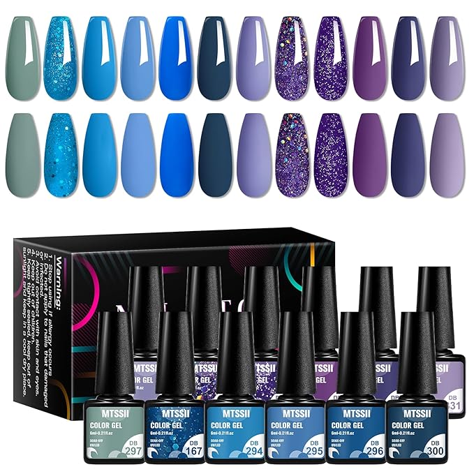 MTSSII Gel Nail Polish Set 12 Colors Blue Purple Gel Polish Kit Baby Blue Lavender Dark Purple Glitter Gel Nail Polish Aquamarine Mermaid Soak off Uv LED Gel Manicure DIY Nail Home