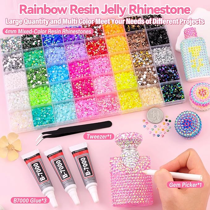 20000Pcs Jelly Rhinestones for Bedazzling Kit, Multi-Color 4mm Resin Flatback Gems with 3Pcs 10ml B7000 Jewelry Glue, Bedazzled Crystal for DIY Crafts Clothing Nail Art Makeup