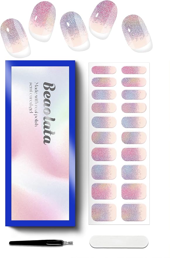 Semi Cured Gel Nail Strips - UV Light Gel Nail Stickers - 20 Long Lasting Salon Quality Wraps (Pixie Dust Purple)