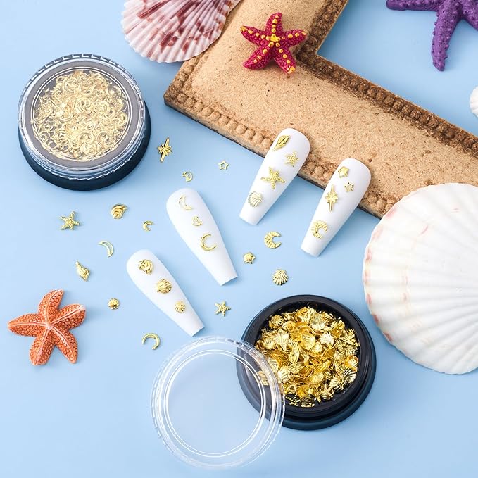 2 Disc Ocean Nail Art Charms, 3D Alloy Nail Art Decals, Beach Starfish Seashell Gems Supplies for Women DIY Craft Jewelry Manicure Embellishments- Gold