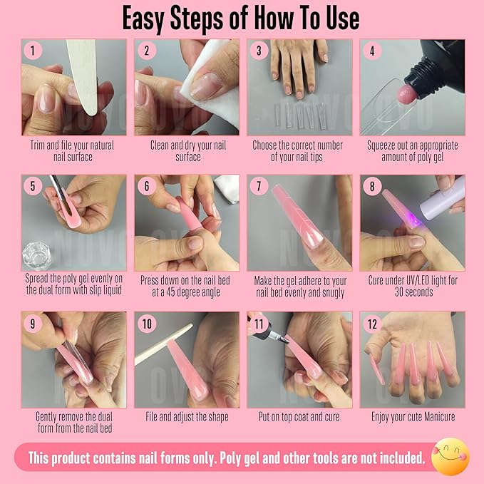 NOVO OVO Tapered Square (Natural not Sculpted) Nail Dual Forms for Poly Gel Extension with Guiding Line Inside, XL XXL Reusable Full Cover Acrylic Builder Hard Gel Polygel Molds x 15 sizes 150 Pcs