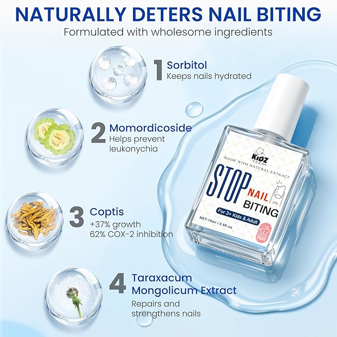 Nail Biting Treatment for Kids & Adults Clear Nail Polish for Nail Biting Prevention, Nail Strengthener & Growth, All-in-One Nail Care Solution, Thumb Sucking Deterrent for Nails 15 ml 0.5 oz