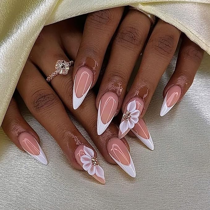 Luxury Press on Nails Long Almond Handmade 3D Unique Reusable ABS Material Fake Nails White French Tip False Nails with Designs Floral Rhinestones Elegant Glossy Glue on Nail Thick Acrylic Nail(S)