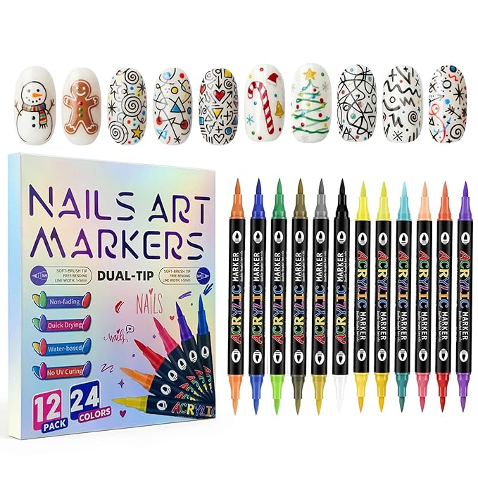 24 Colors Dual-Tip Nail Art Pens Set, Easter Nail Art Markers, Quick-Dry Waterproof Acrylic Nail Polish Pens for Bunny & Easter Egg Designs, DIY Manicure Tools for Home & Salon, Easter Gift, 12 Count