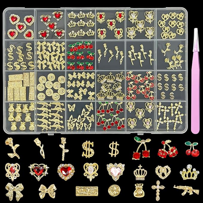 KINGNAME 200 PCS Gold Nail Charms Set with Hearts, Crowns, Cherries, Dollar Signs for Nail Art Decoration Jewelry