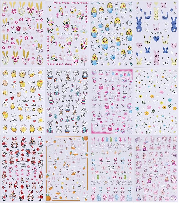 Easter Bunny Nail Art Stickers Decals 12 Sheets 3D Self-Adhesive Cute Rabbit Nail Art Stickers Easter Egg Chick Ears Designs Colorful Flower Daisy Spring Sliders Holiday Manicure Decoration