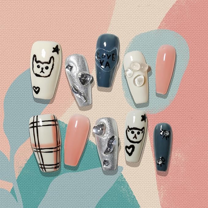 Sun&Beam Nails Handmade Press-on Medium Long Coffin Ballerina White Pink False Nail Tips Hand-Painted Cat Dog Design Fashionable Artificial 10 Pcs Set (#150 S)