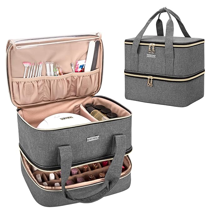BAFASO Nail Polish Organizer Holds 40 Bottles (15ml - 0.5 fl.oz) and a Nail Lamp, Nail Polish Carrying Case with Manicure Tools Storage Sections (Bag Only), Gray