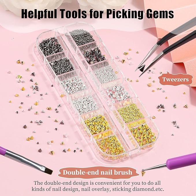 3D Mini Small Metal Stainless Steel Caviar Nail Beads Balls, 0.8-3mm Gold Silver Alloy Nail Art Chain Charms Studs with Tweezers and Dual-end Brush (17-K1-punk-metal)