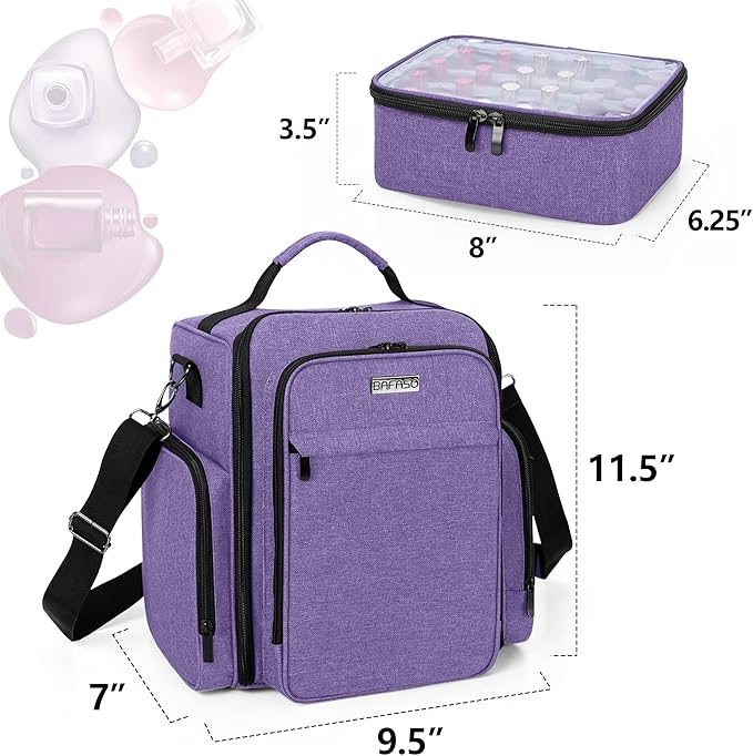 BAFASO Nail Polish Organizer Holds 48 Bottles (15ml - 0.5 fl.oz) and a Nail Lamp, Large Nail Polish Case with 2 Removable Pouches and Multiple Storage Sections (Patented Design), Purple