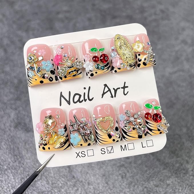 10 Pcs Duck Press on Nails Medium Handmade Fake Nails French Tip with 3D Flower Butterfly Cherry Design Leopard Print False Nails Glossy Acrylic Artificial Full Cover Stick on Nail for Women（M）