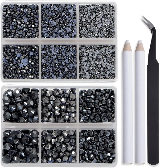 Bymitel Hotfix Crystal Rhinestones Round Gems for Crafts,Mixed 6 Sizes with Wax Pencil Kit, Jet Hematite 1.6-6.3mm SS4-SS30/8000pcs