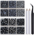 Bymitel Hotfix Crystal Rhinestones Round Gems for Crafts,Mixed 6 Sizes with Wax Pencil Kit, Jet Hematite 1.6-6.3mm SS4-SS30/8000pcs