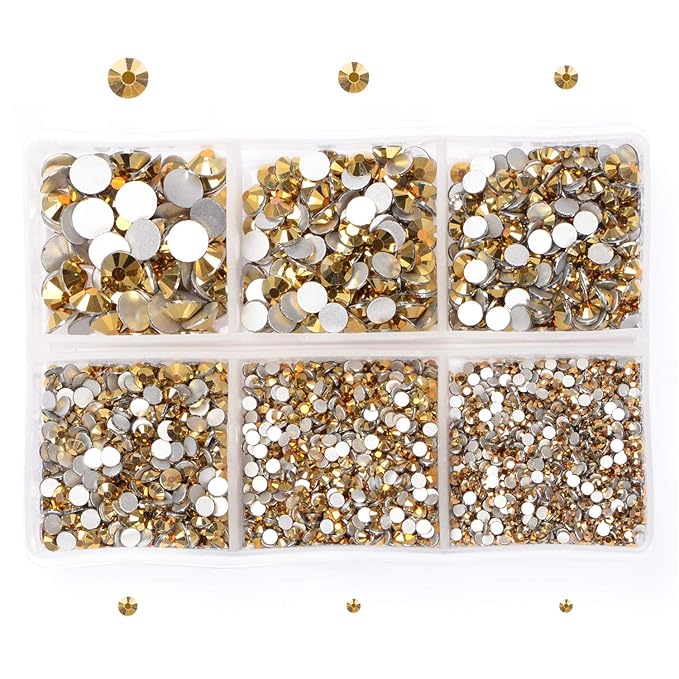 AD Beads 4300 Pieces Flat Back Nail Art Rhinestones Round Beads 6 Sizes (2-6.5mm) with Storage Organizer Box,Rhinestones Picking Pen for Nail Art Phone Decorations Crafts DIY (Metallic Gold)