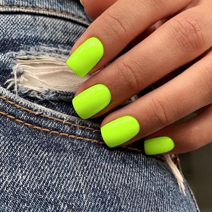KXAMELIE Neon Green Press on Nails Short Square, 48pcs Thick Reusable Fake Nails for Women, Short Coffin Artificial Nails New Solid Color Square Nails
