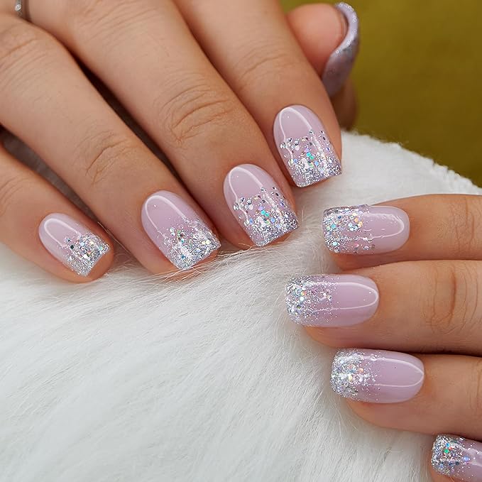 Curvlife 30pcs Short Press On Nails, Shining Stick on Fake Nails Design Glossy Acrylic Nails Tips Glue on Nails For Women False Nail Kit With Nail Glue