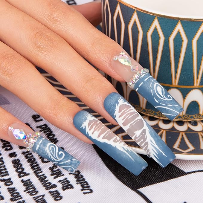 LOVFUL Press on Nails Denim Seraph Blue French Tip | Handmade with Full Covered Crystals | Reusable Fake Nails | Square Mid length 1.7in | H194-S