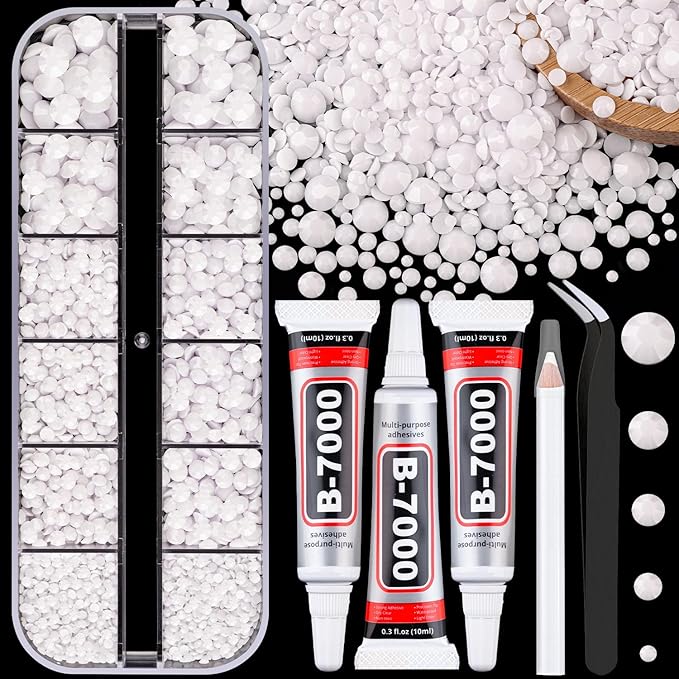 Resin Jelly Rhinestones for Crafting with B7000 Jewelry Glue, 1 Box White Flatback Crystal with 3Pcs 10ml Glue, Bedazzling Non Hotfix Gems for DIY Tumblers Clothing Shoes Manicure