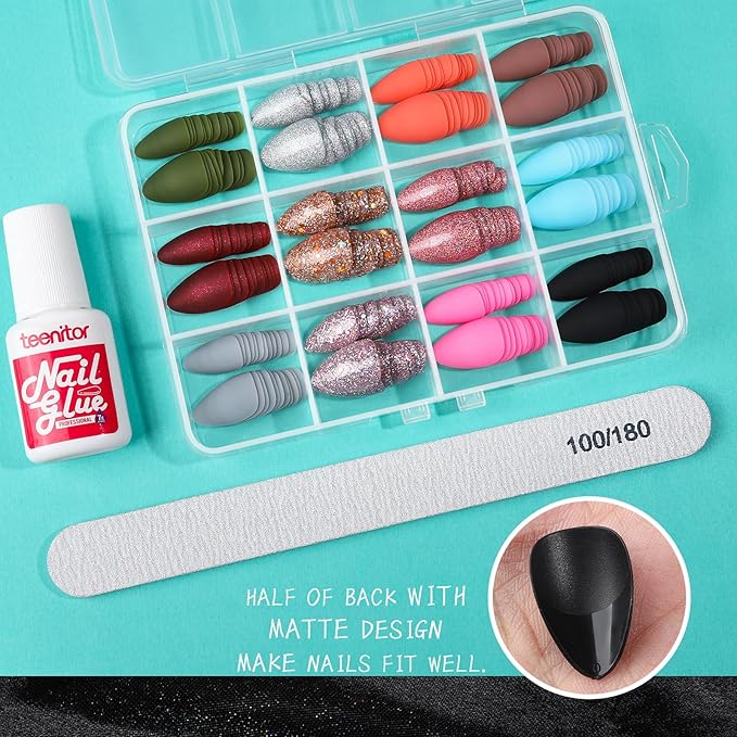 Teenitor 288pcs Short Almond Press on Nails for Women, 12 Sets of Short Fake Nails with Glue, Matte & Glitter Finish