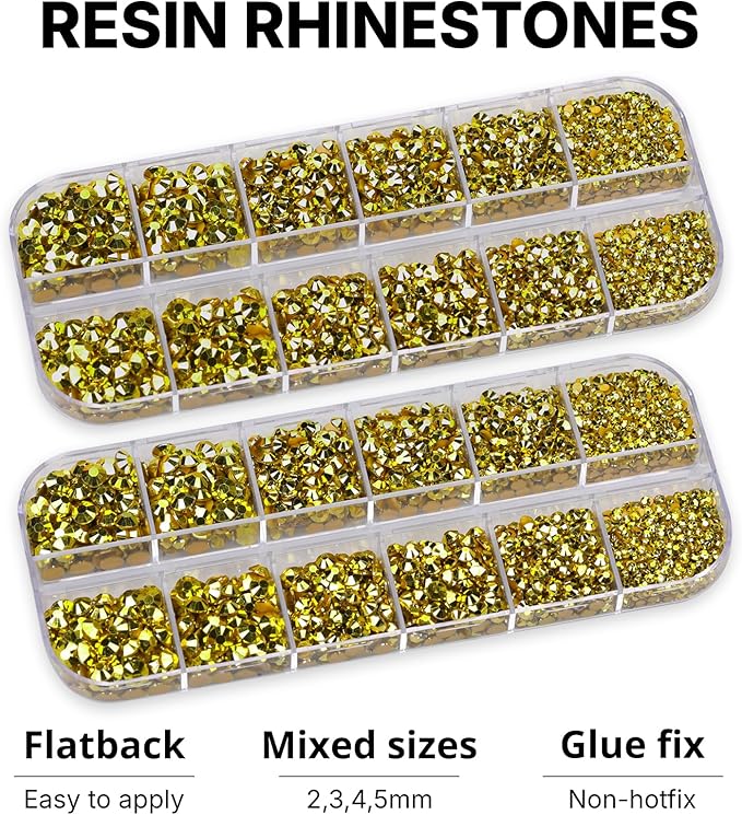 11000Pcs Metallic Gold 2/3/4/5mm Flatback Rhinestones with Glue for Bedazzling Crafting Clothing Clothes Crafts Shoes Nail Art, Resin Flat Back Gems Crystals Diamonds Gemstones Jewels Stones Kit