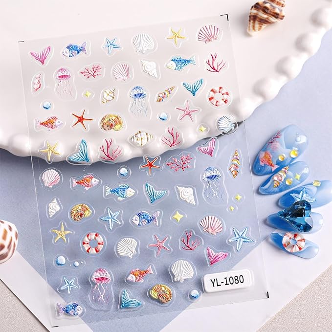5 Sheets Summer Series Nail Stickers Embossed Nail Art Stickers Swimsuit Nail Decals with Swimming Ring Ice Cream Designs Cute Ocean DIY Self-Adhesive Nail Art Supplies