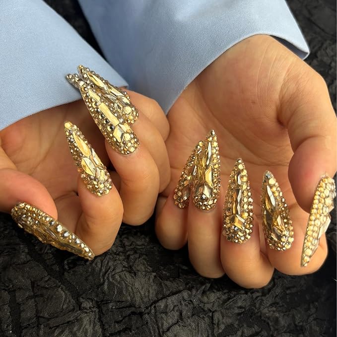 Trendy Handmade Press On Nails Long Stiletto Shape,10Pcs Bling Bling Acrylic Fake Nails with 3D Rhine Stone Luxury Design Stick On Nail for Woman Gift