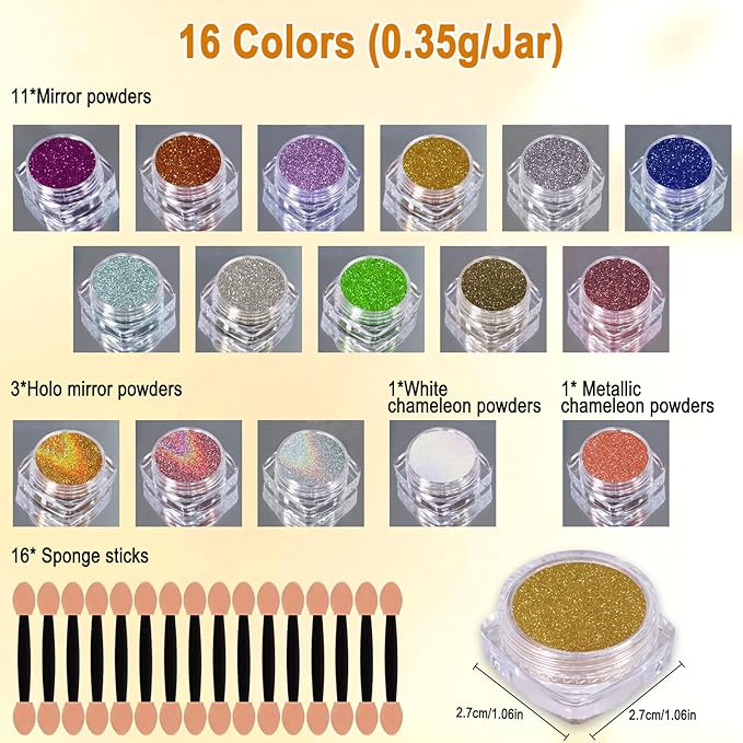 SIUSIO 16 Jars Chrome Nail Powder Nail Art Glitter Decoration Metallic Mirror Effect Holographic Aurora Chameleon Pigment Powder Kit 0.35g/Jar Pearl for Resin Craft & Nail Art